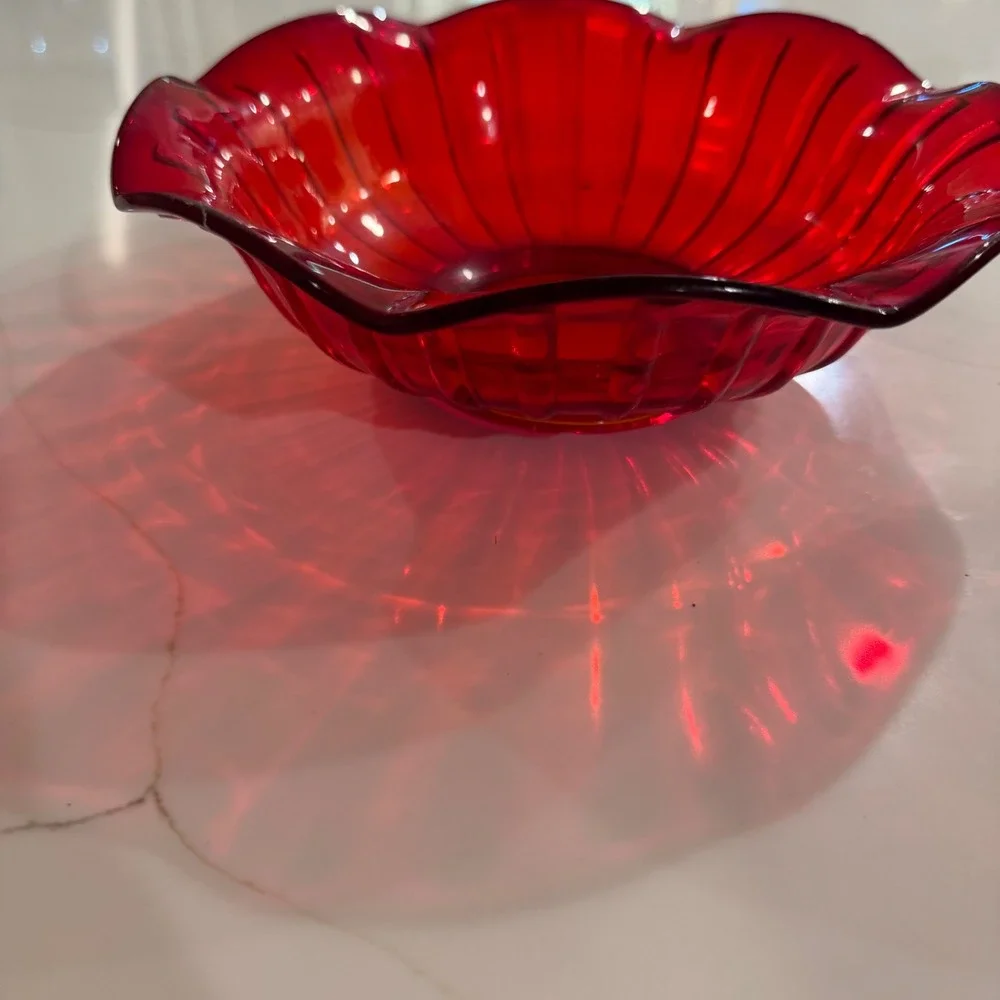 Fenton Ruby Red Ribbed Glass Bowl Scalloped Edge Fluted Mid-Century Modern